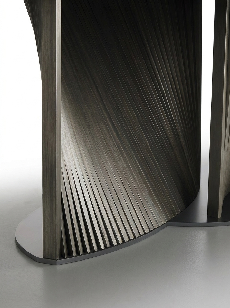 Soren Dining Table, close-up detail of fluted stainless steel pedestal