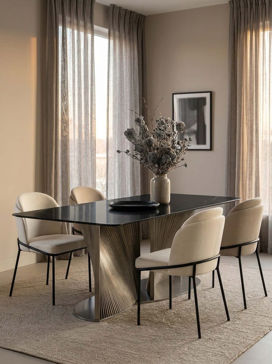 Soren Dining Table in Midnight Marble, styled in a modern dining room with beige chairs