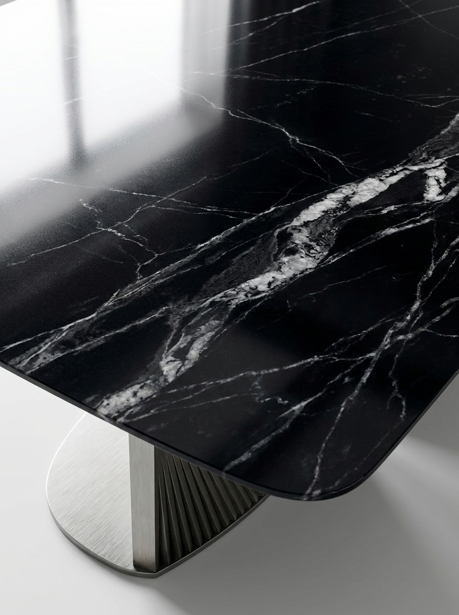Soren Dining Table, close-up of Midnight Marble surface