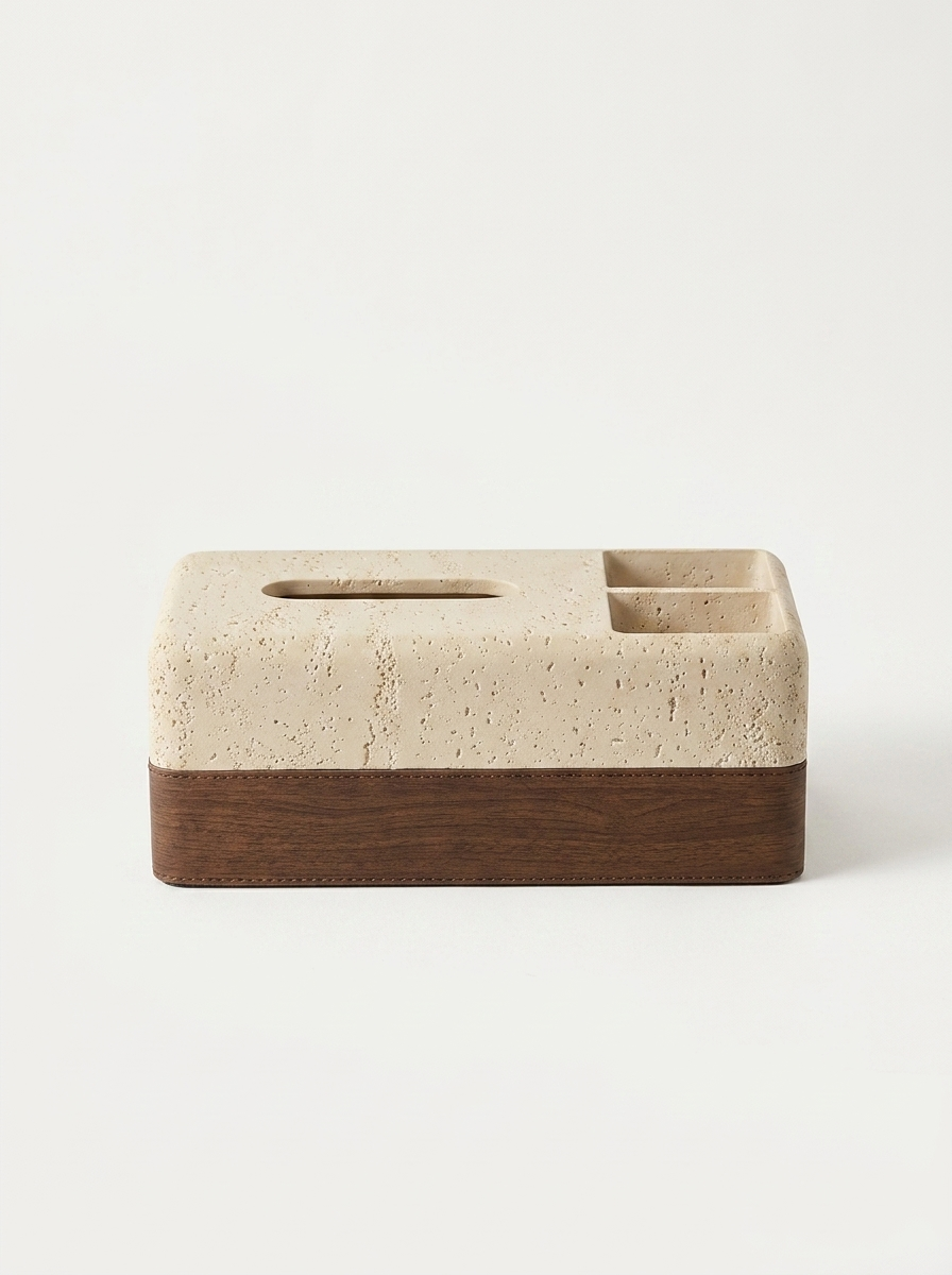 Sten Tissue Caddy, tissue caddy in engineered travertine composite with walnut-grain base