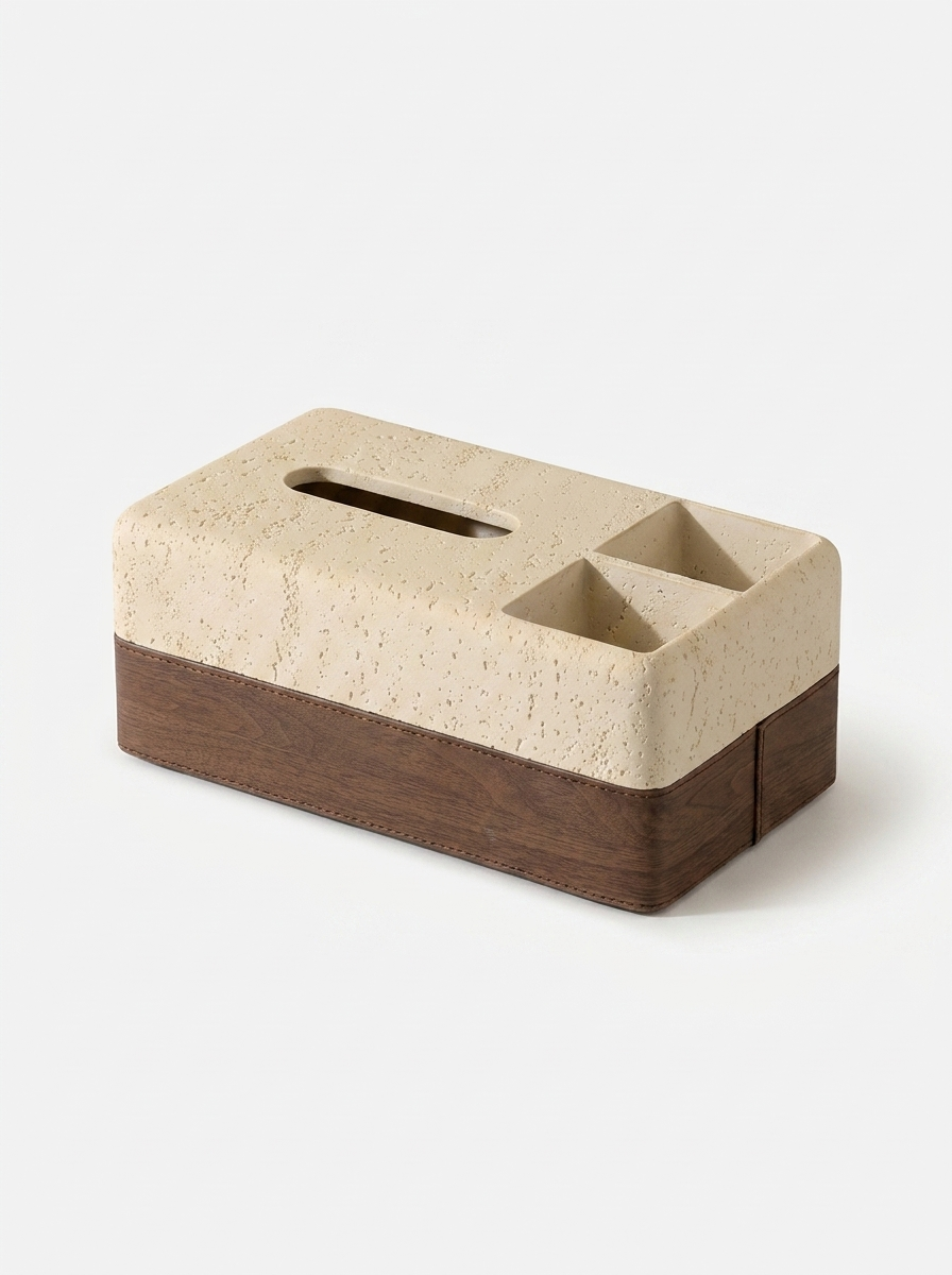 Sten Tissue Caddy, tissue caddy in travertine composite, angled view