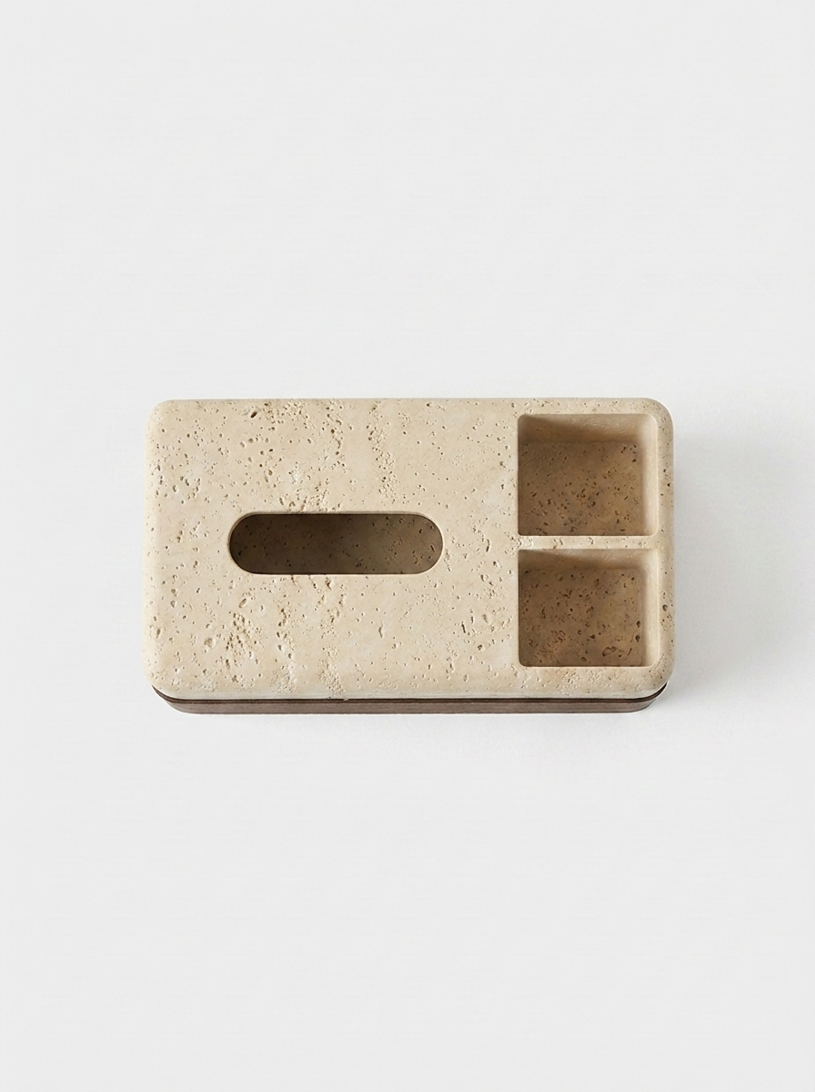 Sten Tissue Caddy, travertine composite tissue caddy, top view