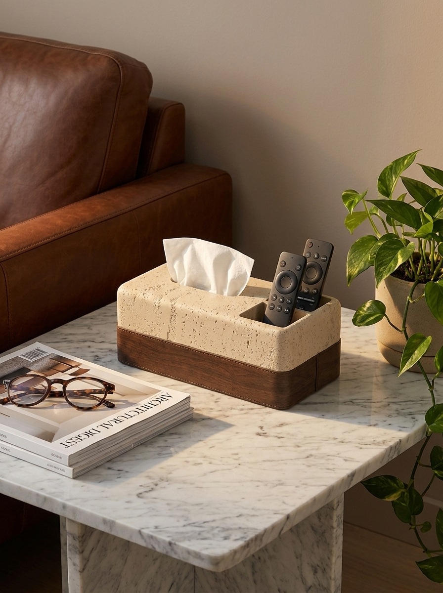 Sten Tissue Caddy, tissue caddy with walnut-grain base, close-up view