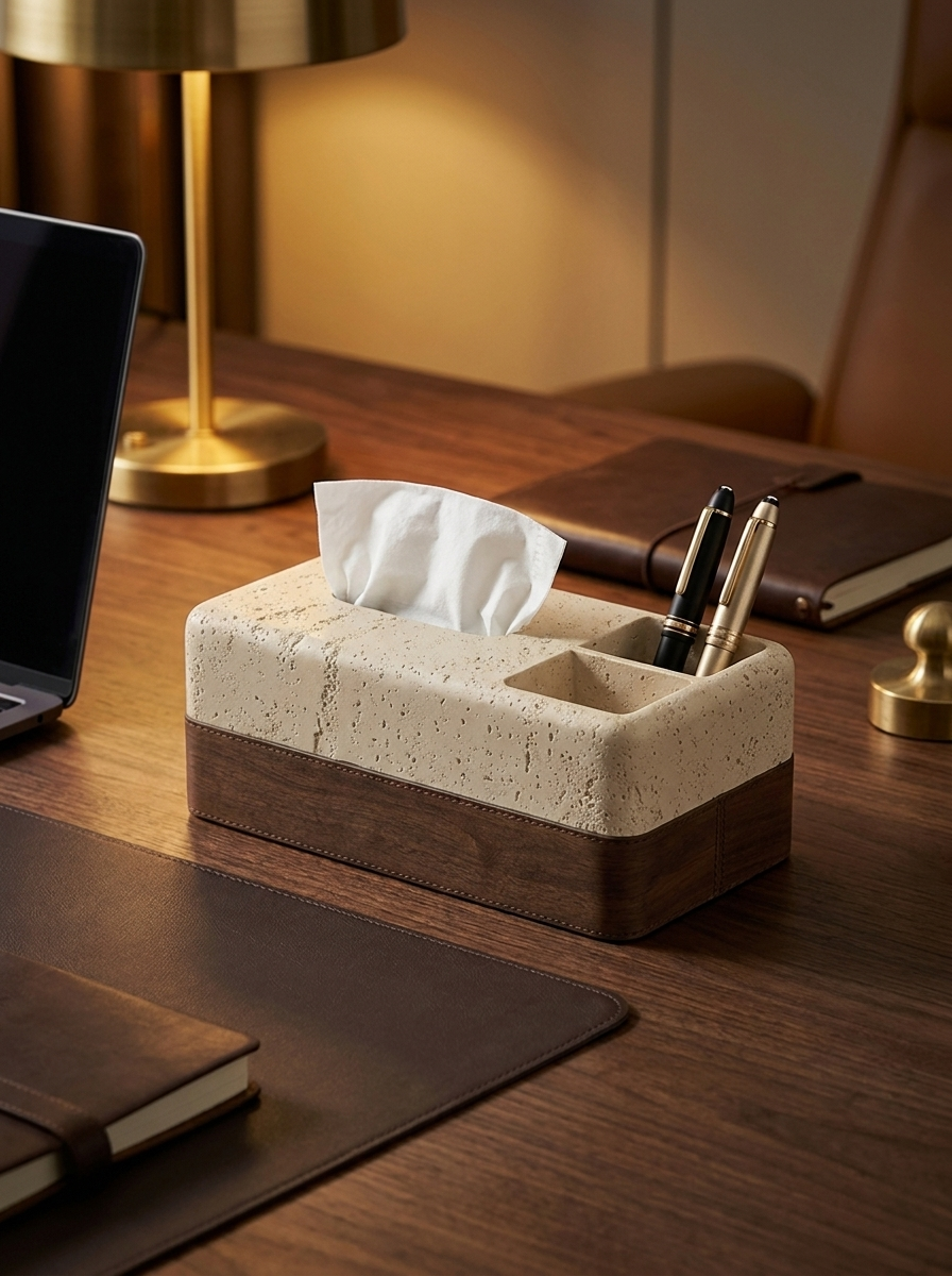 Sten Tissue Caddy, tissue caddy in engineered travertine composite, side view