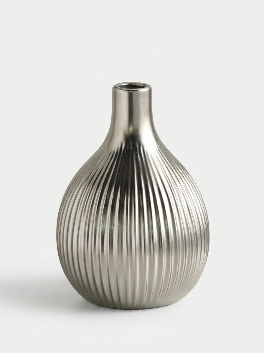 Stral Bud Vase, metallic silver ribbed ceramic bud vase