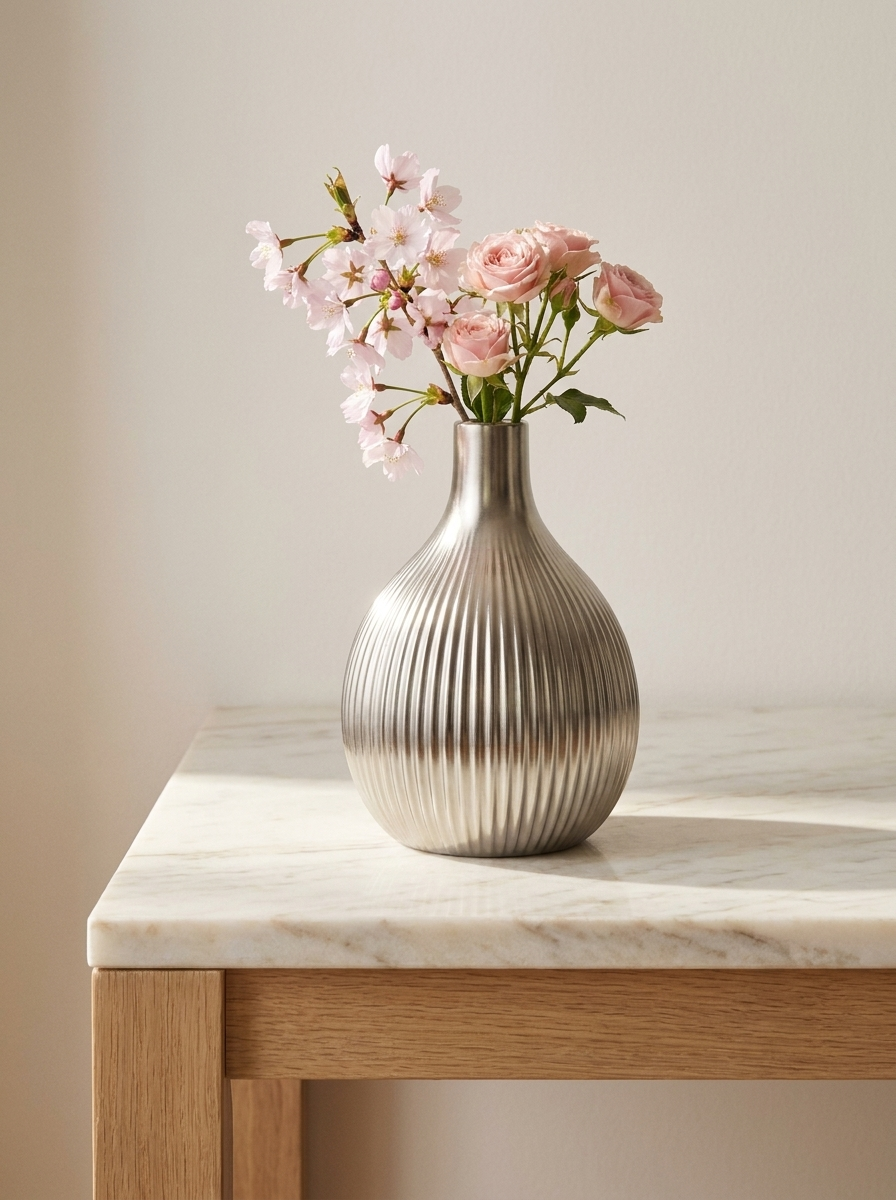 Stral Bud Vase, styled with pink roses on a marble and wood side table
