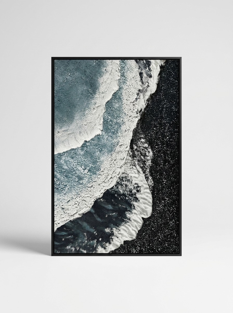 Strand Canvas, hand-painted monochrome coastline artwork in black and white with matte black aluminum frame