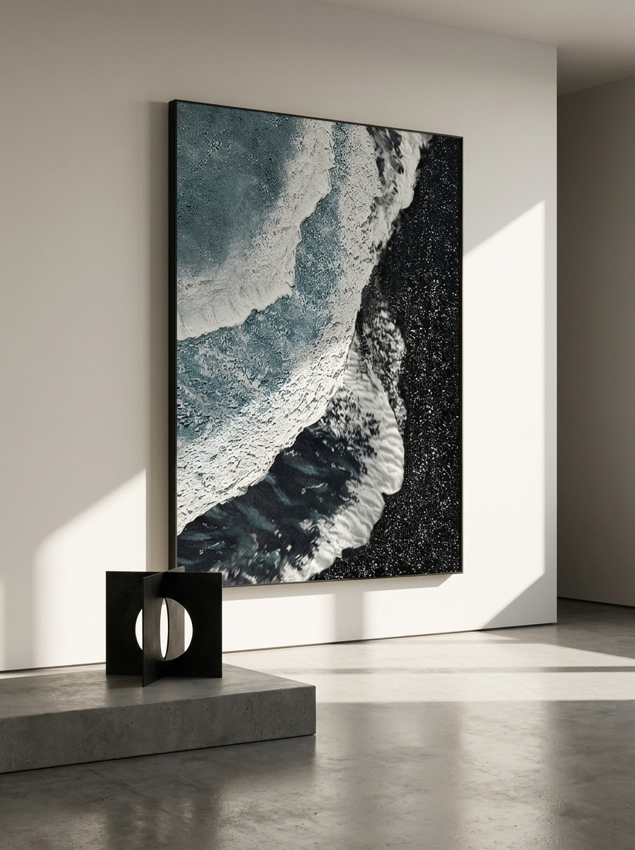 Strand Canvas, hand-painted monochrome coastline artwork, alternate view