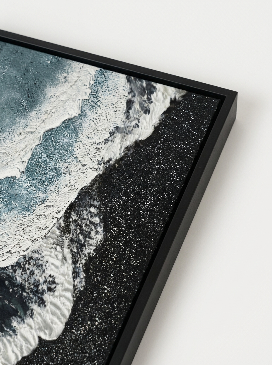 Strand Canvas, hand-painted monochrome coastline artwork, close-up detail