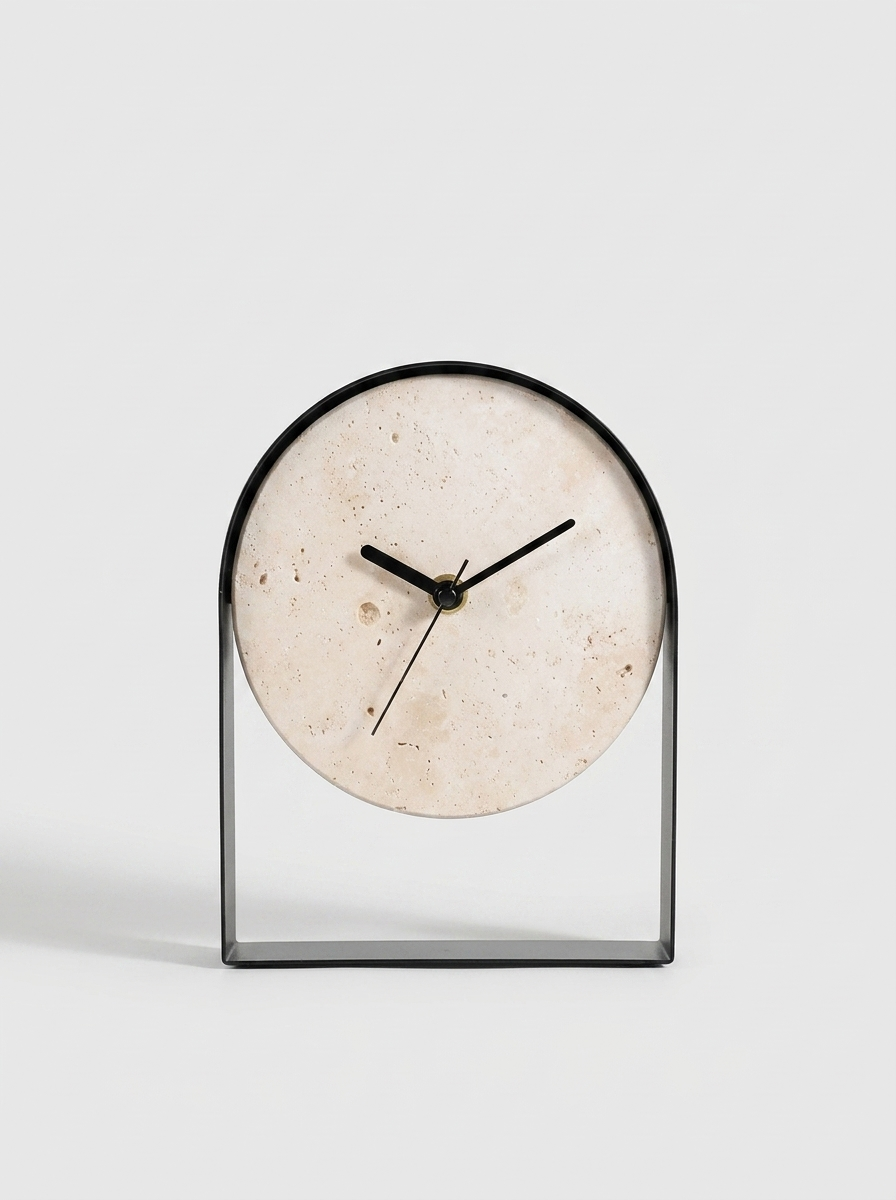 Stund Table Clock, engineered travertine composite face with matte black steel frame