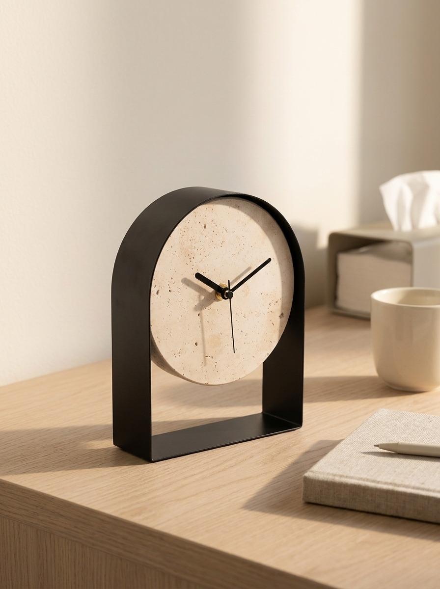 Stund Table Clock, styled on a light wood desk with mug and notebook
