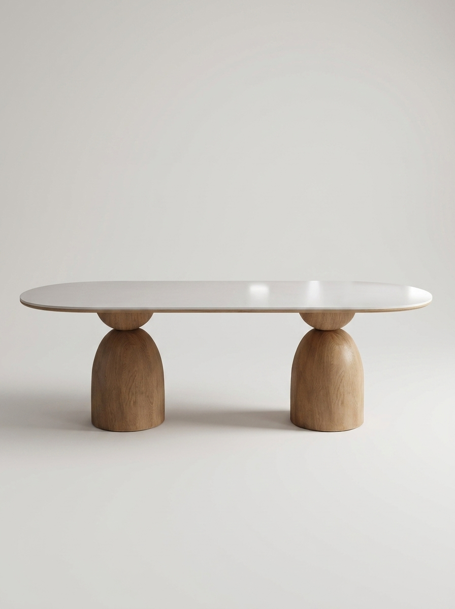 Stvord oval dining table with polished stone top and white wax wood pedestals