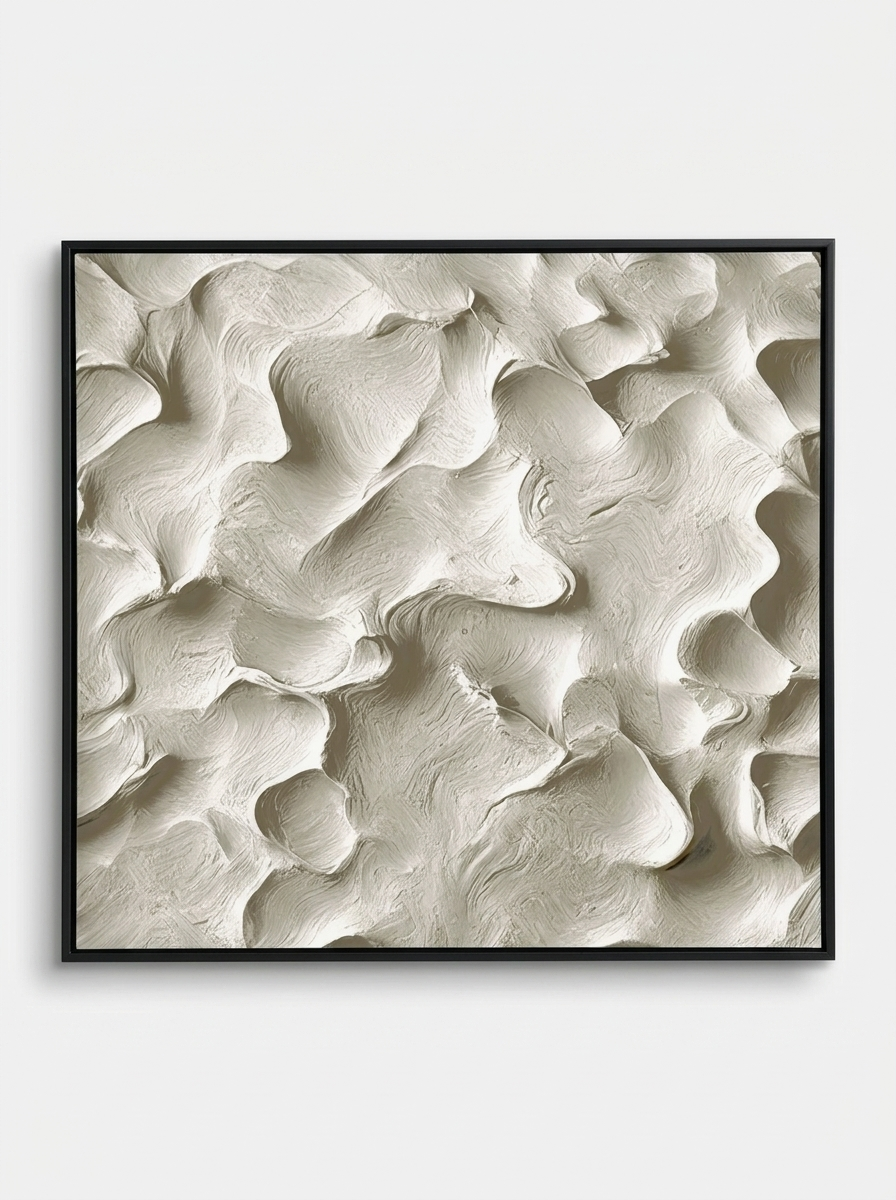 Svall Wave Canvas, sculptural wave-textured canvas art in monochrome cream with matte black frame