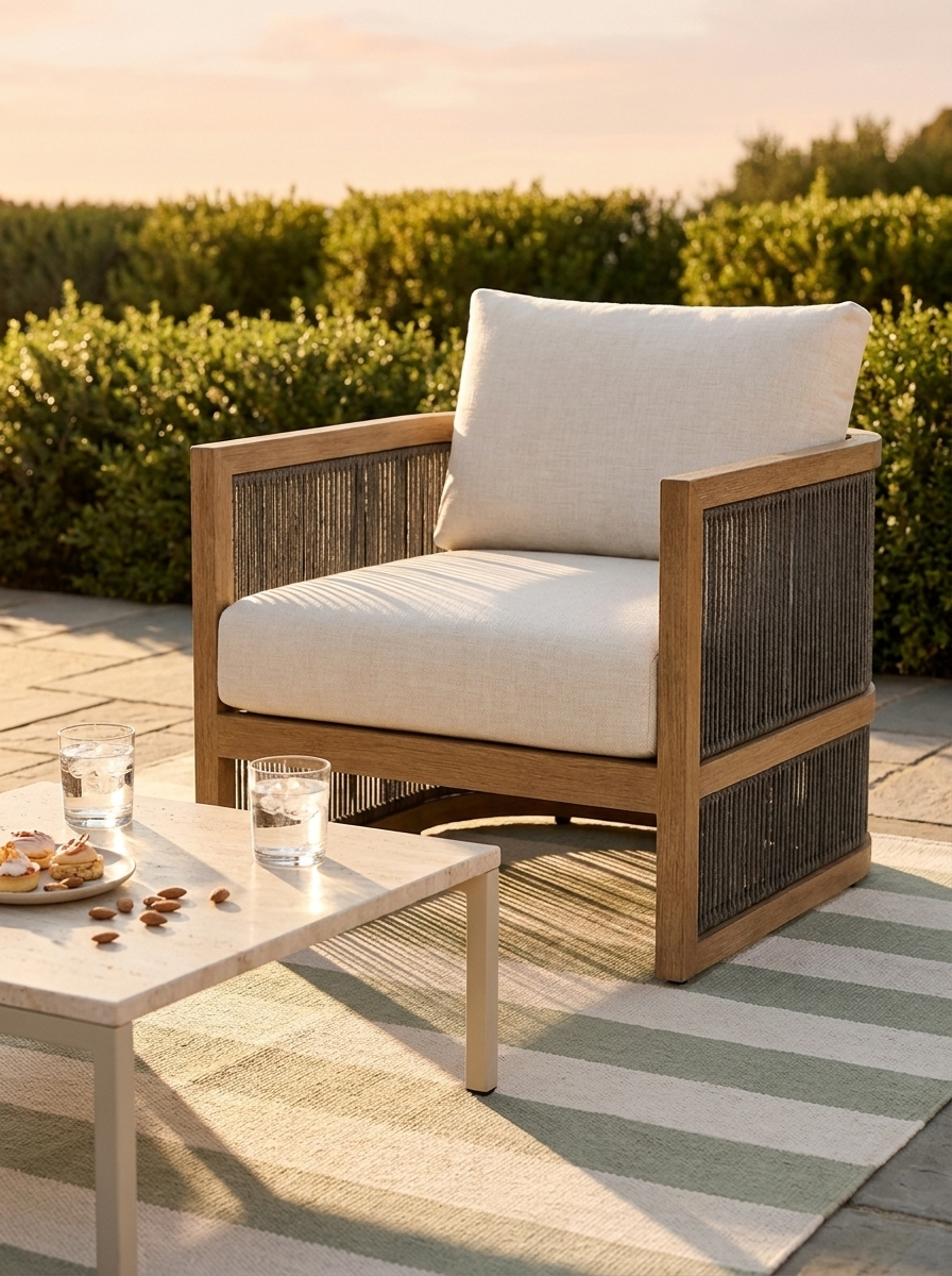 Tarn Outdoor Armchair, solid teak and woven synthetic rope armchair, alternate view