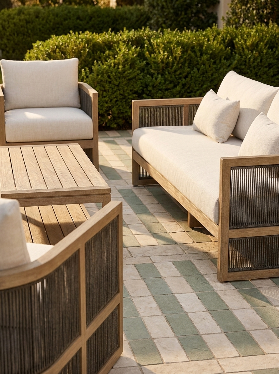 Tarn Outdoor Armchair, solid teak and woven synthetic rope armchair, detail view