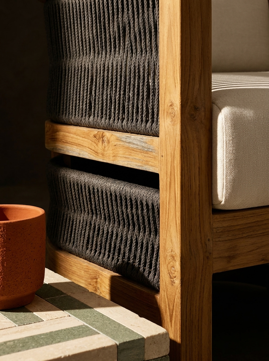 Tarn Outdoor Armchair, solid teak and woven synthetic rope armchair, detail view