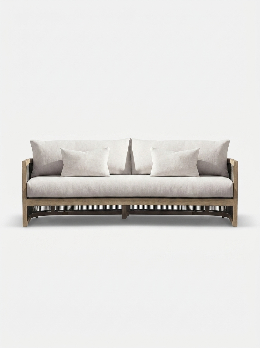 Tarn Outdoor Sofa in Stone Sand, solid South American teak with hand-tied rope cording
