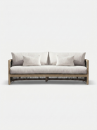 Beige sofa with wooden frame on a white background