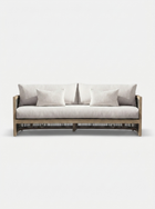 Beige sofa with wooden frame on a white background