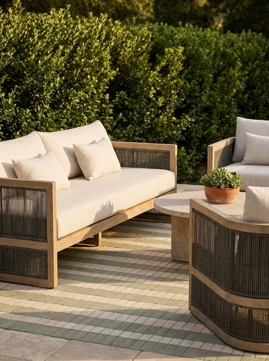 Tarn Outdoor Sofa in Stone Sand, styled on a stone patio in outdoor setting