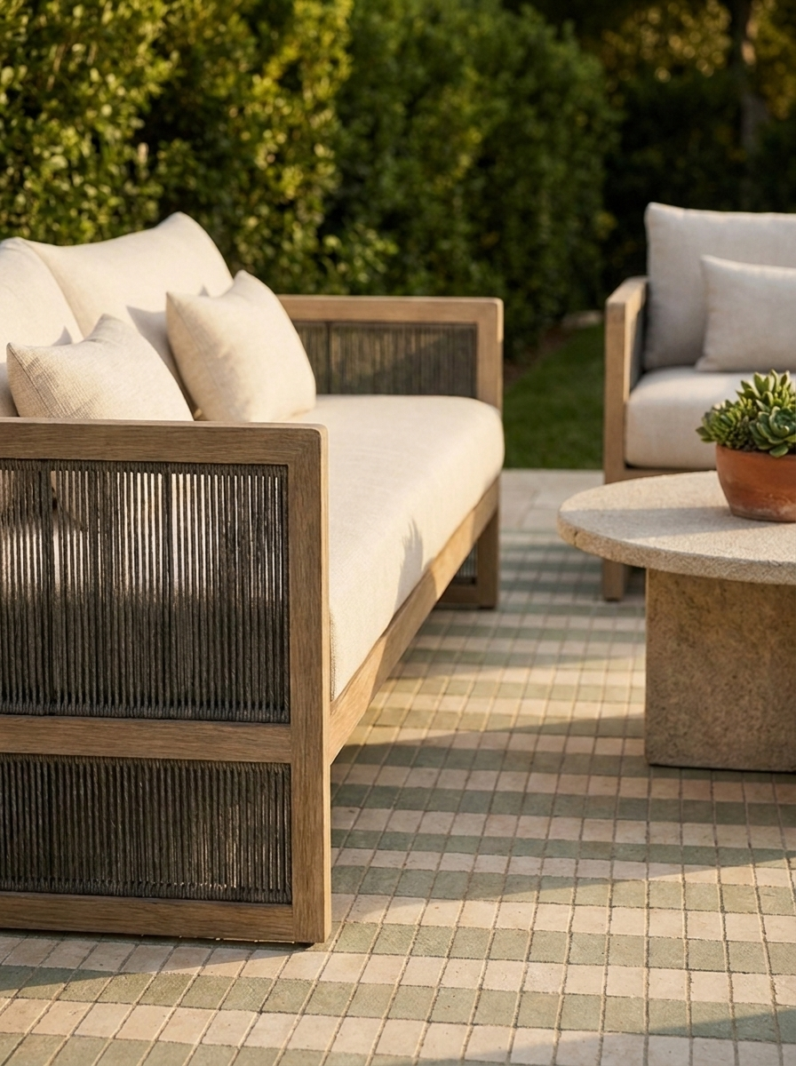 Tarn Outdoor Sofa in Stone Sand, styled on a tiled patio in outdoor setting