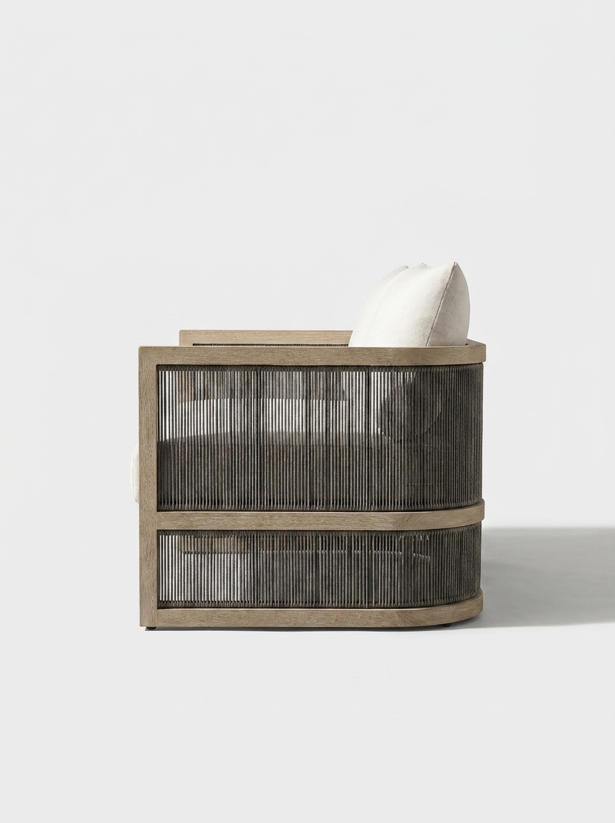 Tarn Outdoor Sofa, matching wooden side table with woven design