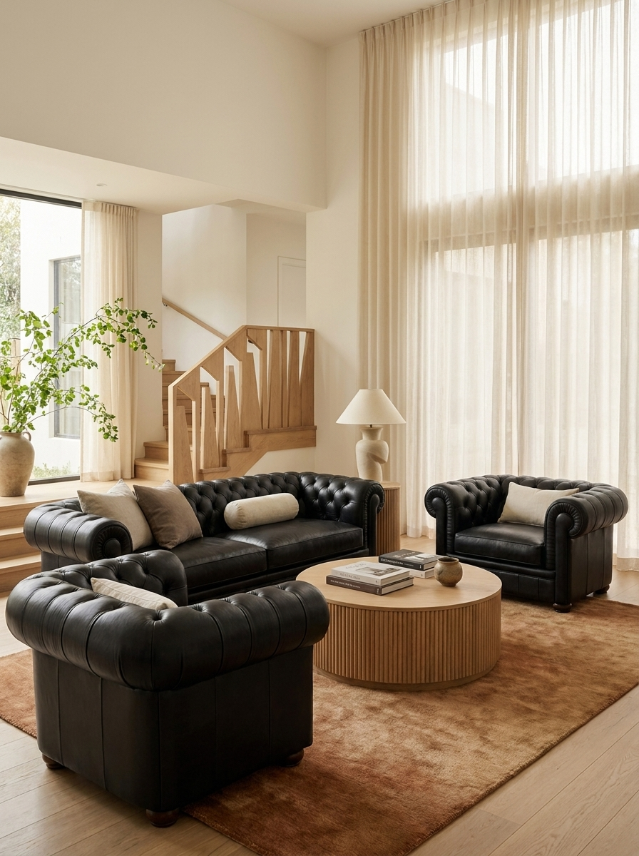 Thron Leather Sofa, cow leather Chesterfield sofa, front view
