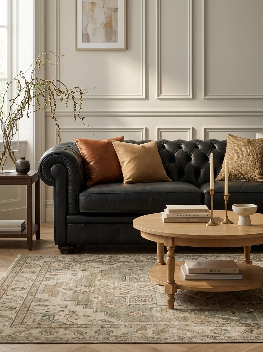 Thron Leather Sofa, solid pine frame and leather upholstery, side view