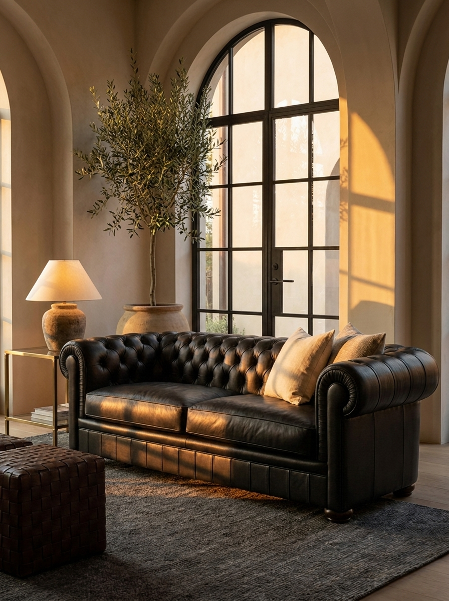 Thron Leather Sofa, leather sofa seat cushion and armrest detail