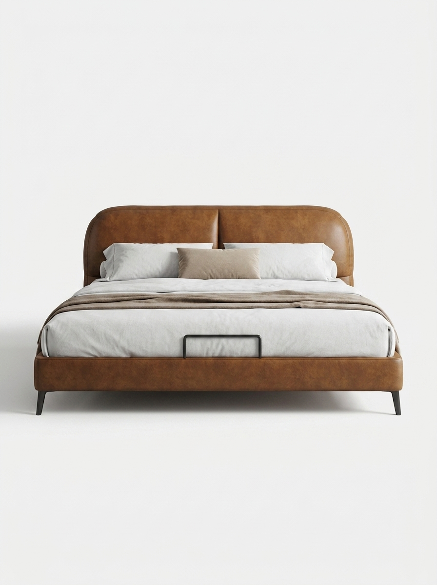 Torn Bed, bed in full-grain Nappa leather with solid larch pine frame and carbon steel legs