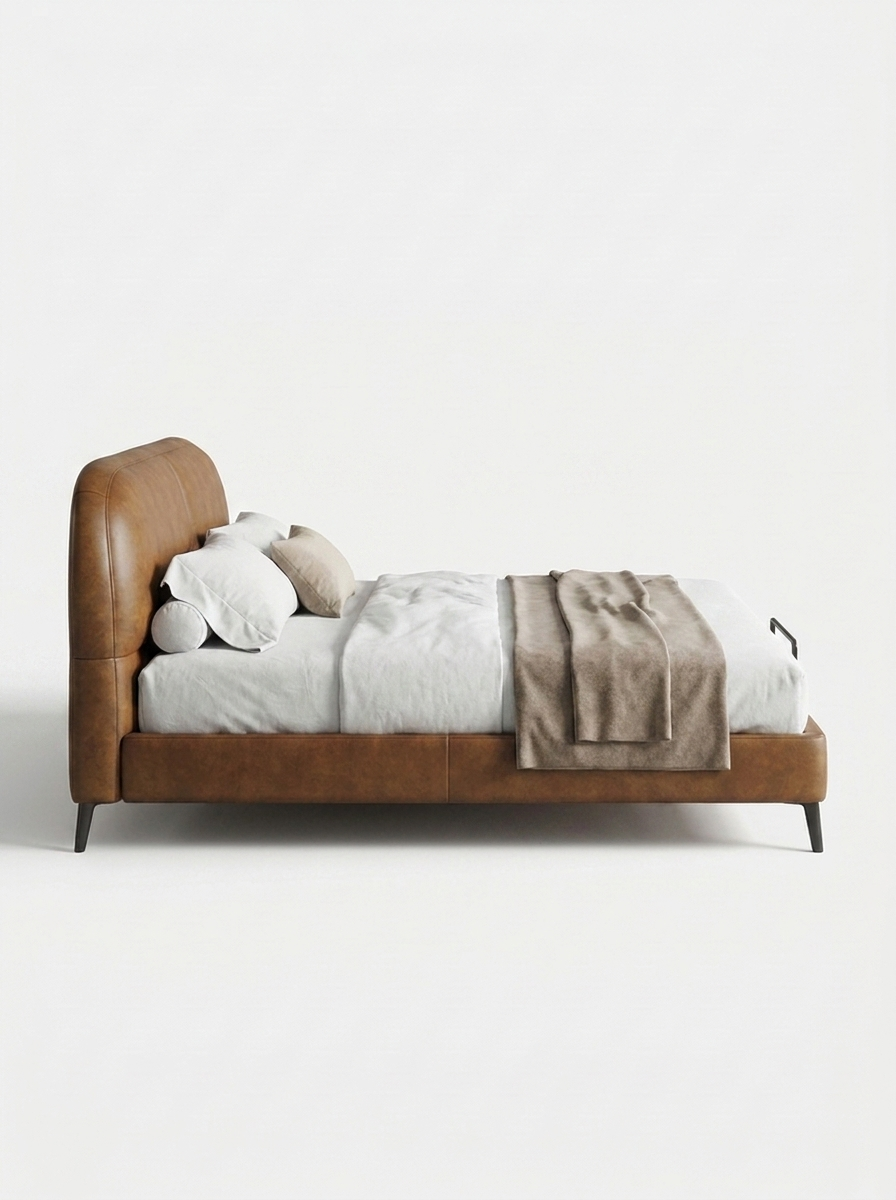 Torn Bed, bed in full-grain Nappa leather, angled view