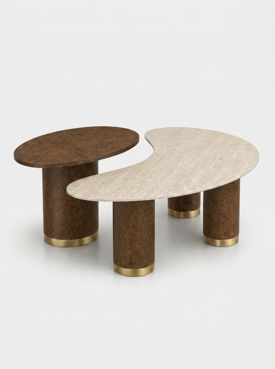 Tvafald architectural coffee table set with travertine-inspired ceramic top and elm burl veneer base