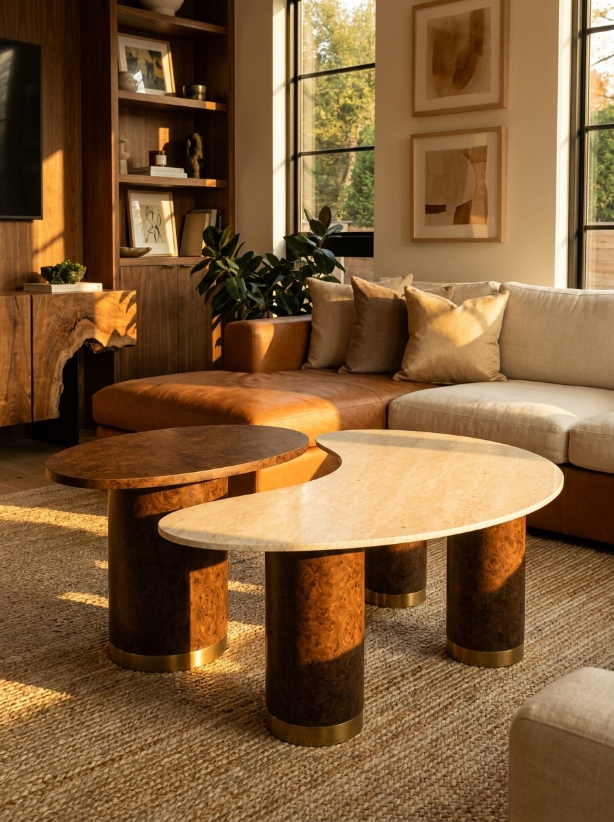 Tvafald coffee table set, detail view of elm burl veneer grain