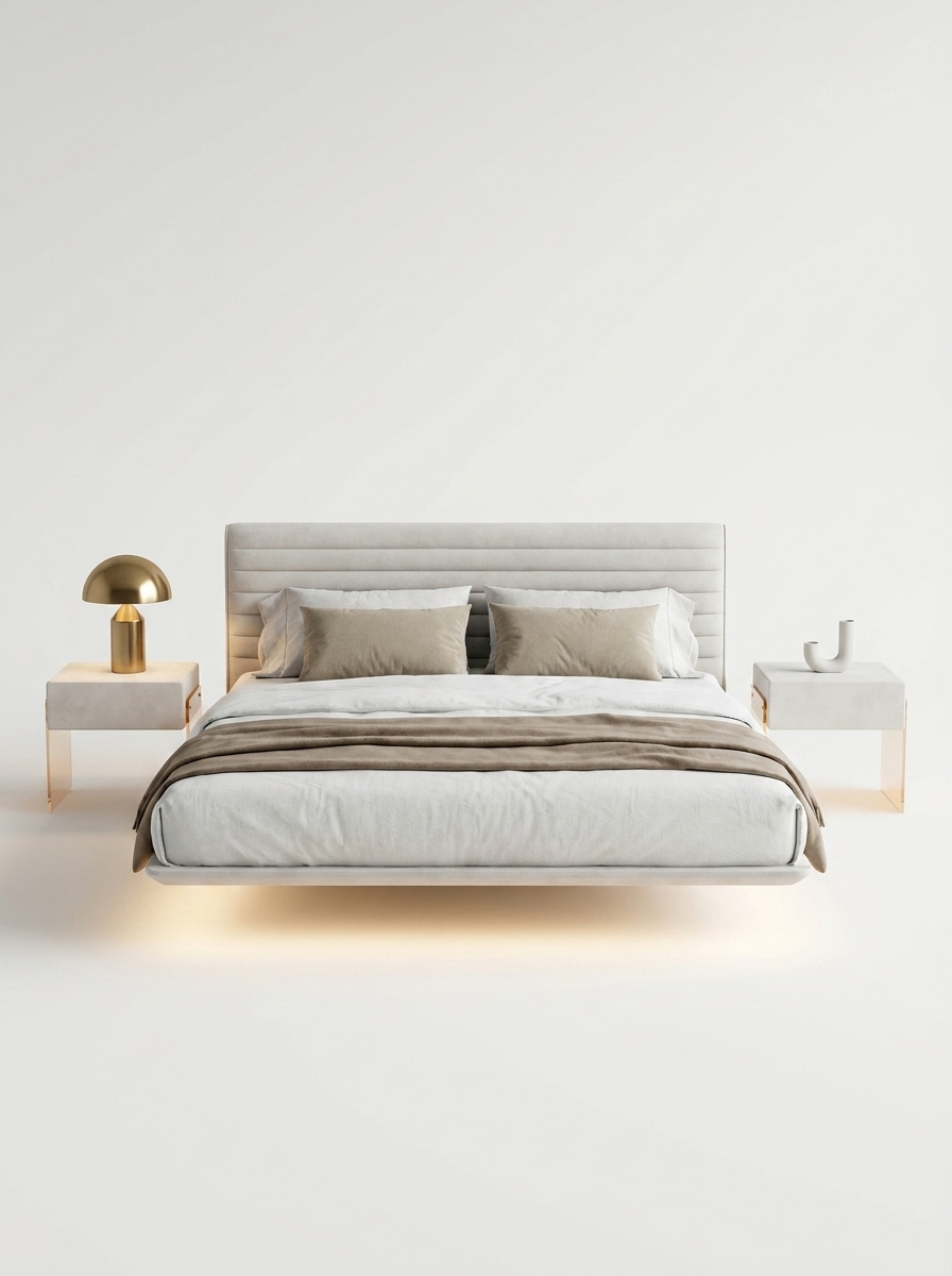 Vanta Floating Bed, floating bed in frosted suede-textured fabric with matte black oak frame