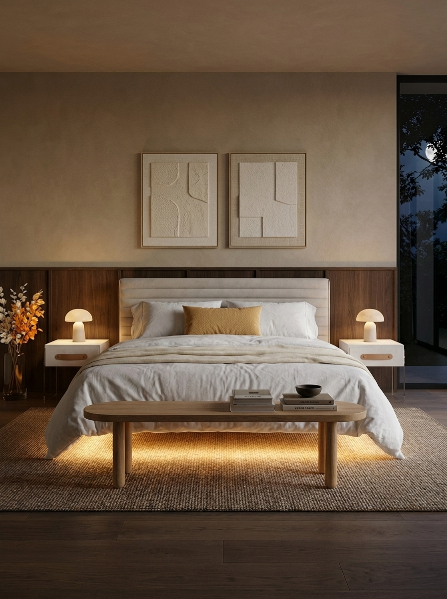Vanta Floating Bed, suede-textured fabric bed with integrated LED lighting, front view