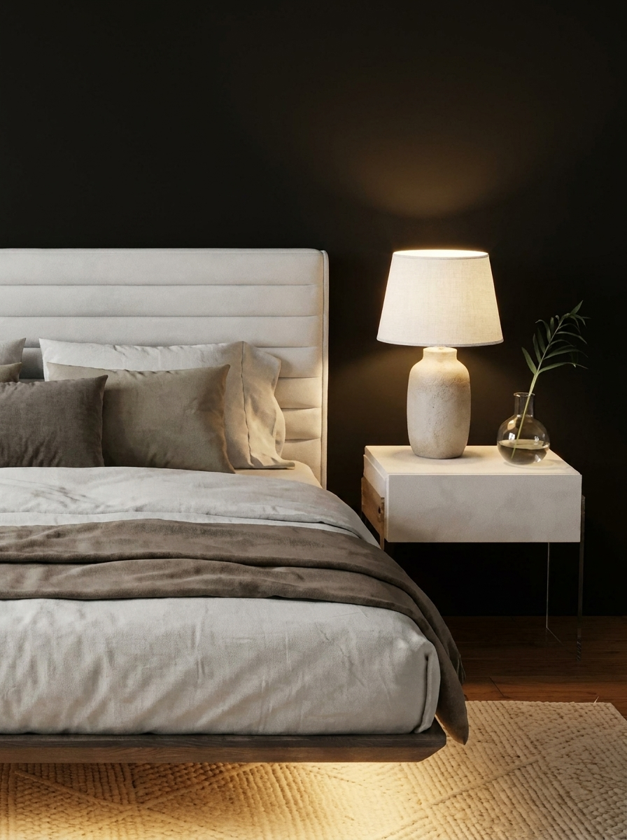 Vanta Floating Bed, floating bed with suede-textured fabric, angled view