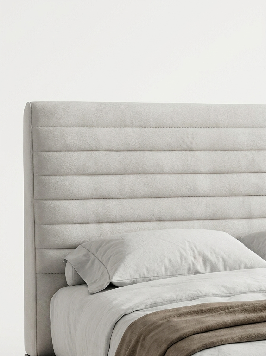 Vanta Floating Bed, suede-textured fabric headboard, close-up view