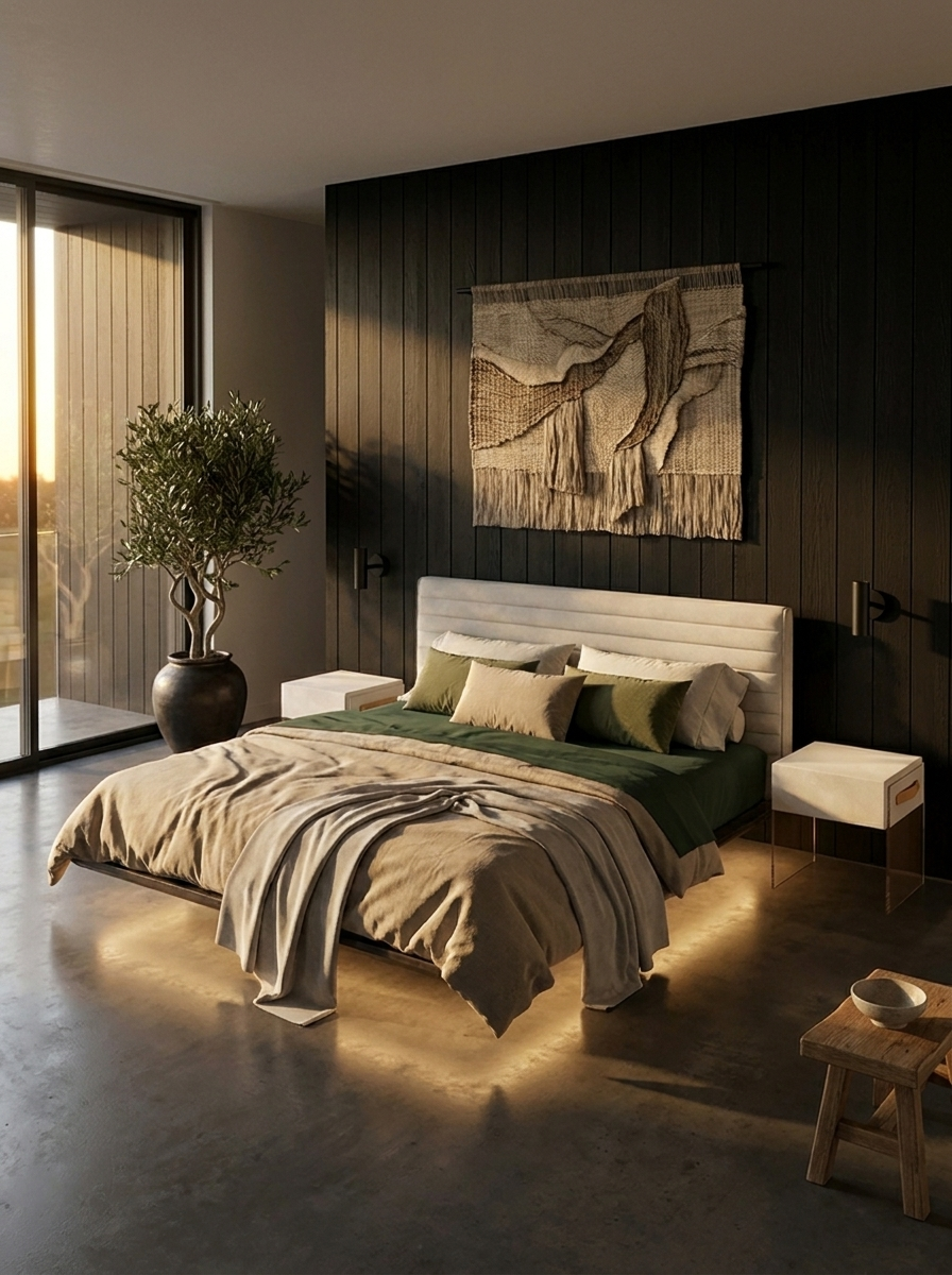 Vanta Floating Bed, floating bed in matte black oak frame, back view