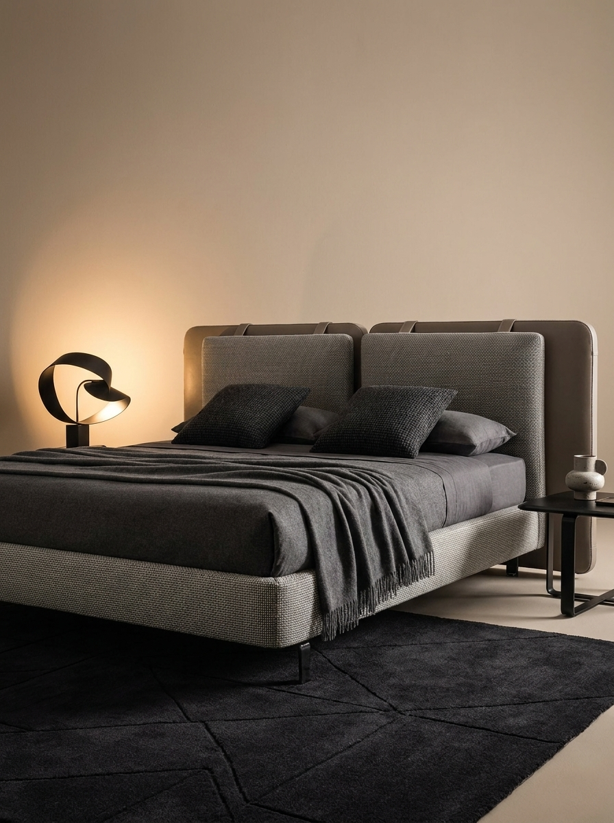 Varden Bed in Fiber Leather, styled in a modern minimalist bedroom