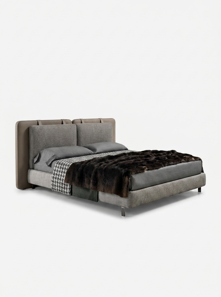 Varden Bed with fiber leather and textile upholstered headboard, detail view