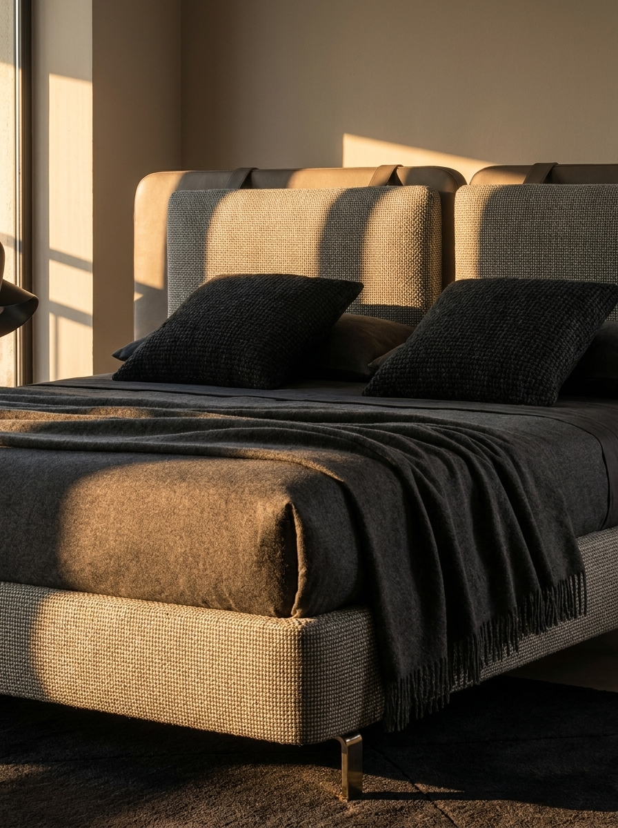 Varden Bed in Fiber Leather, styled with textured bedding in softly lit room