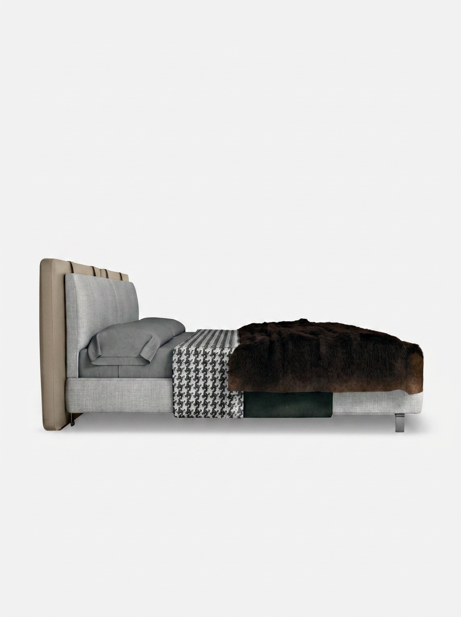 Varden Bed in Fiber Leather, alternate view of gray upholstered headboard
