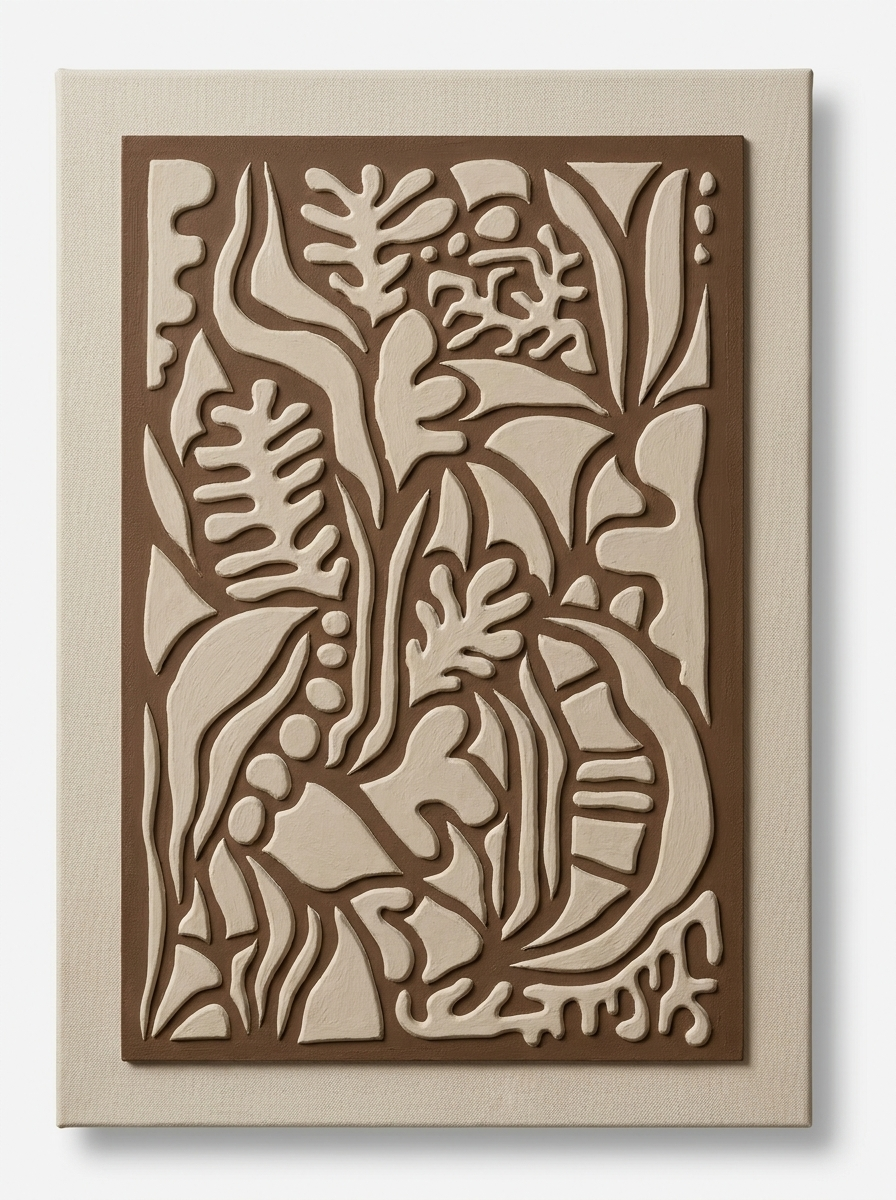 Vaxt Canvas, hand-drawn botanical relief artwork in cream and brown, frameless design