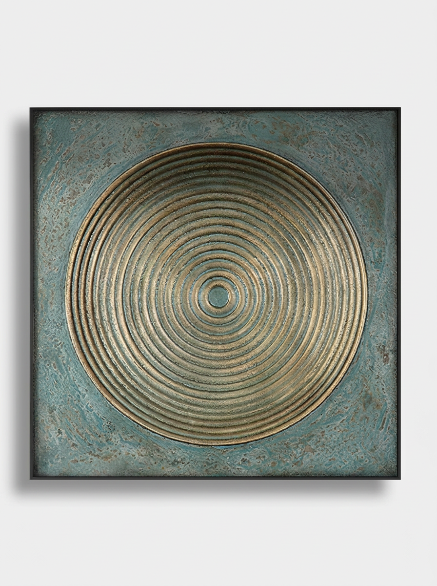 Vaxtrand Wall Art, concentric ring artwork in bronze tones on teal background with matte black aluminum frame