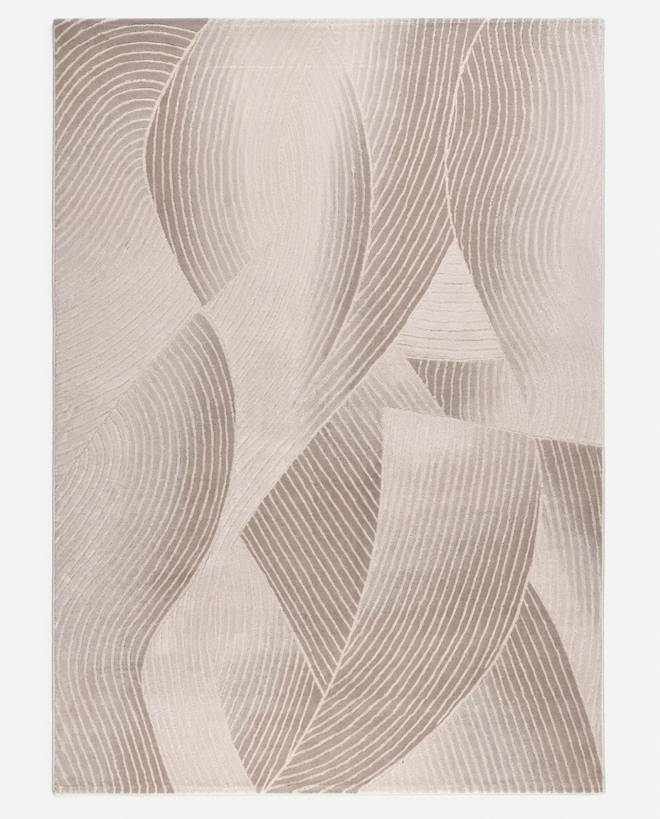 Vela Kinetic Flow Rug in Pale Oat, Wilton weave rug with fluid kinetic curves