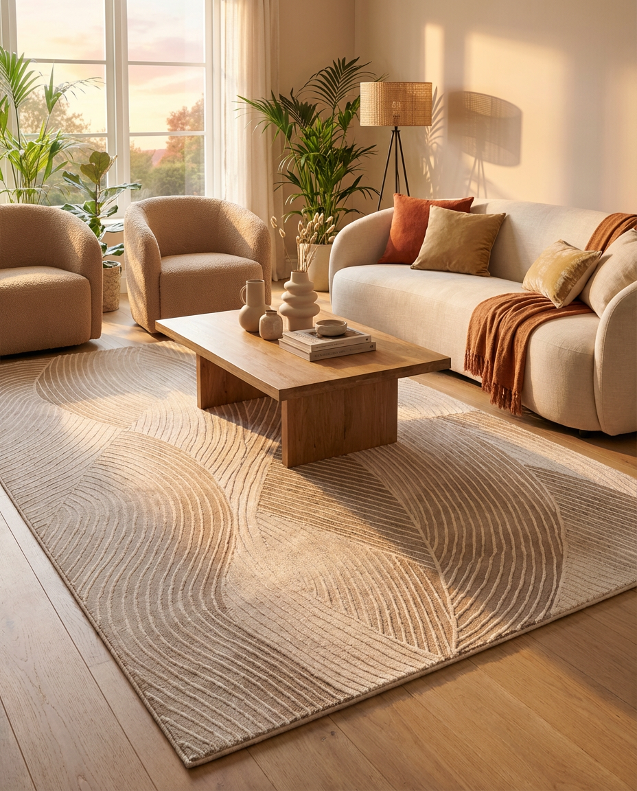Vela Kinetic Flow Rug in Pale Oat, styled in a modern living room with beige sofa