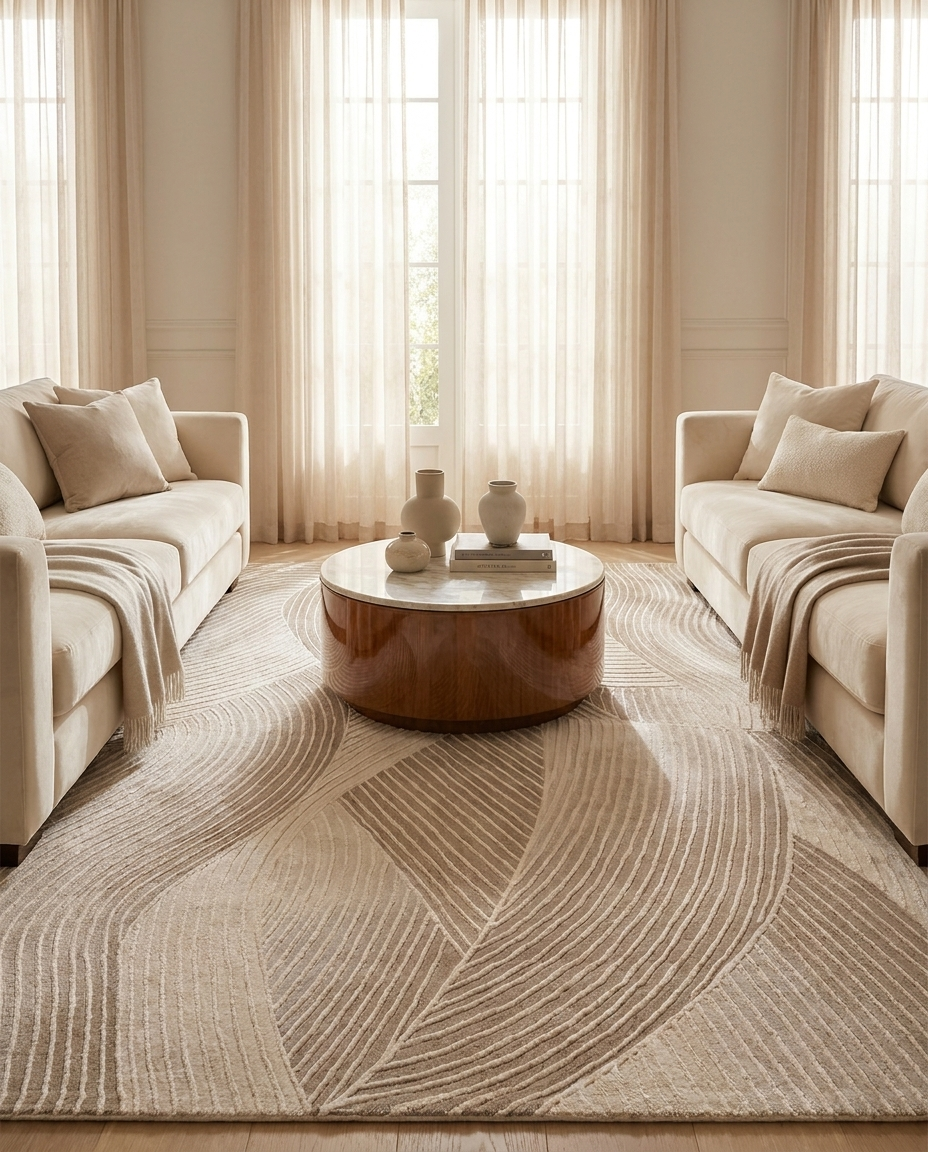Vela Kinetic Flow Rug in Pale Oat, styled in a living room with beige sofas and coffee table