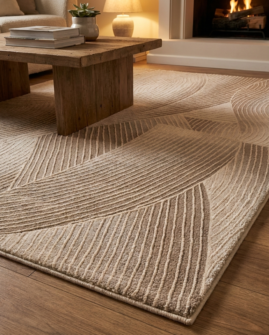 Vela Kinetic Flow Rug in Pale Oat, styled on wooden floor near fireplace