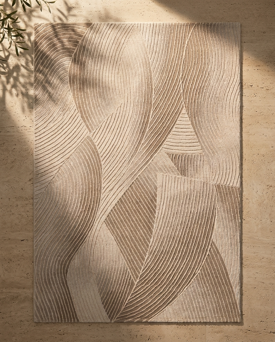 Vela Kinetic Flow Rug in Pale Oat, styled on wooden floor with abstract pattern