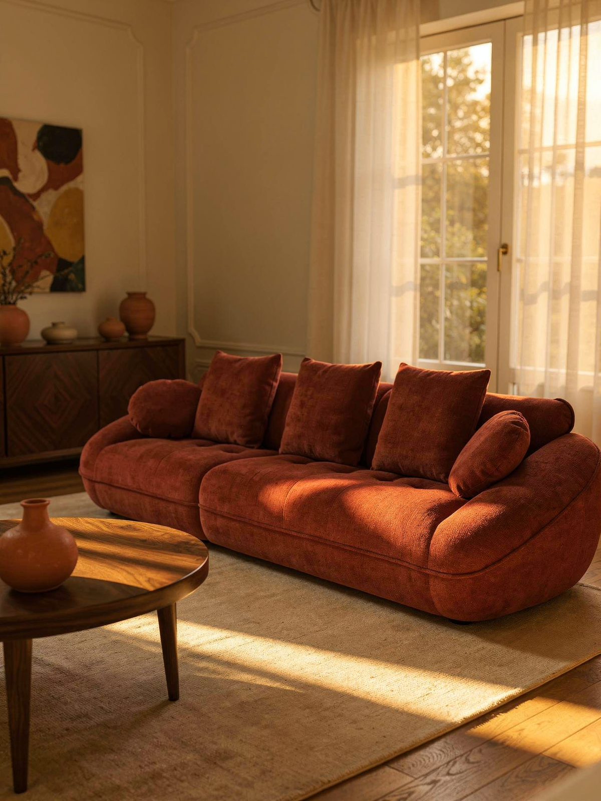 Velor Sculptural Velvet Curved Sofa in Terra Rust, styled in a living room with wooden coffee table